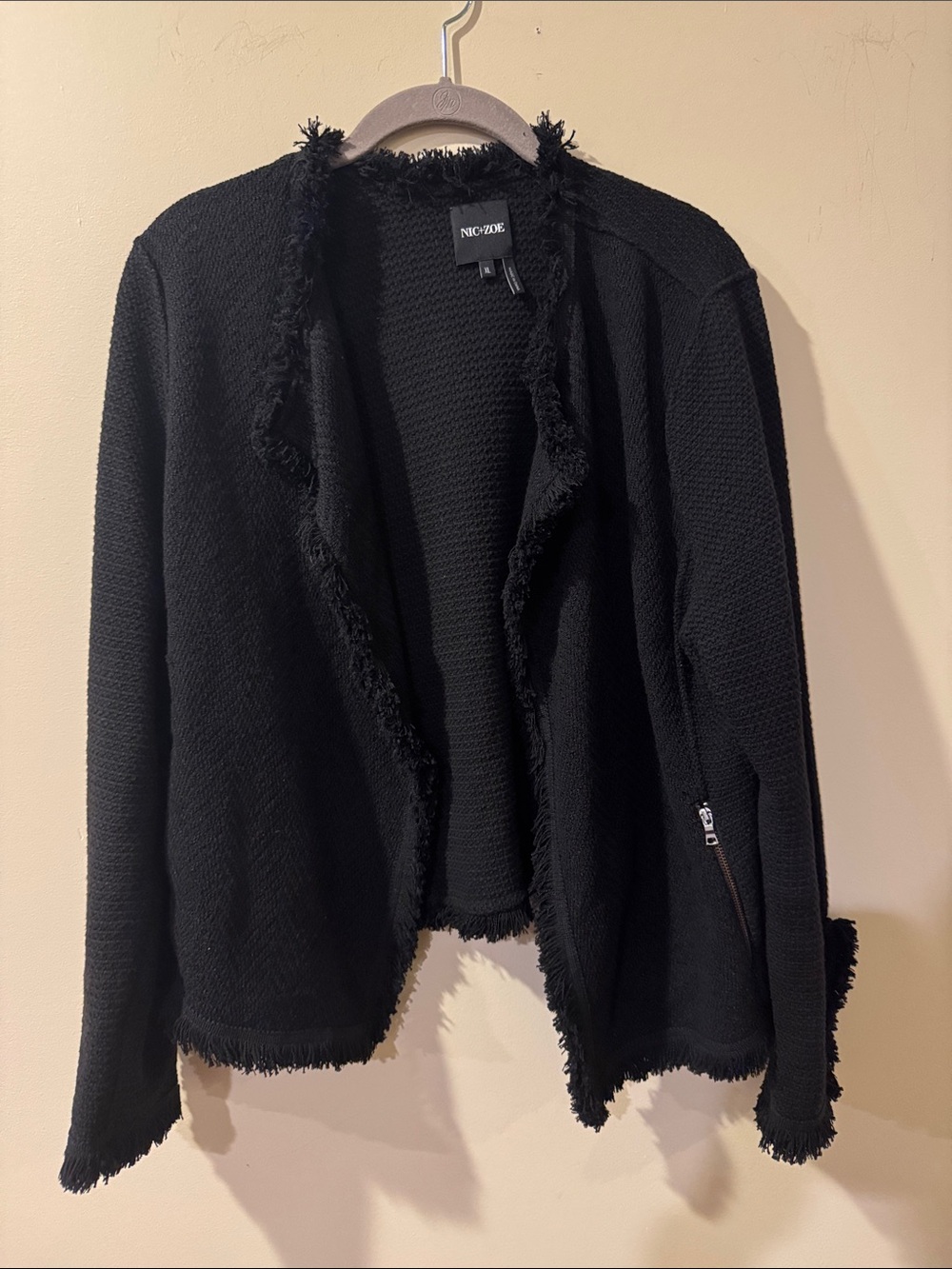 NIC+ZOE Black Open-Front Fringe Trim blazer